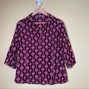 Ann Taylor Red Geometric Print Cotton Button Down Shirt